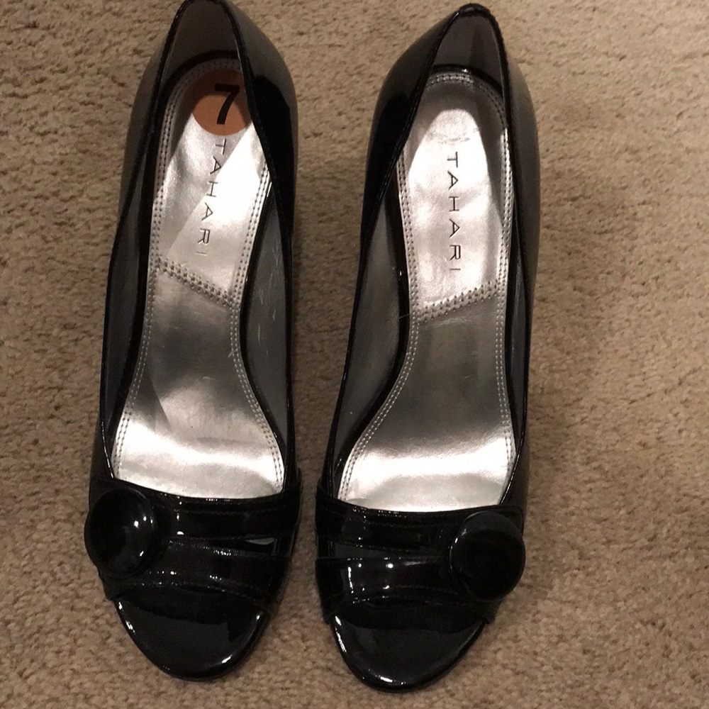 Barely worn, Black Patent Leather Open Toe Heels.